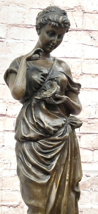 Beautiful Girl Holding Bird Dove Bronze Metal Sculpture Art