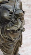 Beautiful Girl Holding Bird Dove Bronze Metal Sculpture Art
