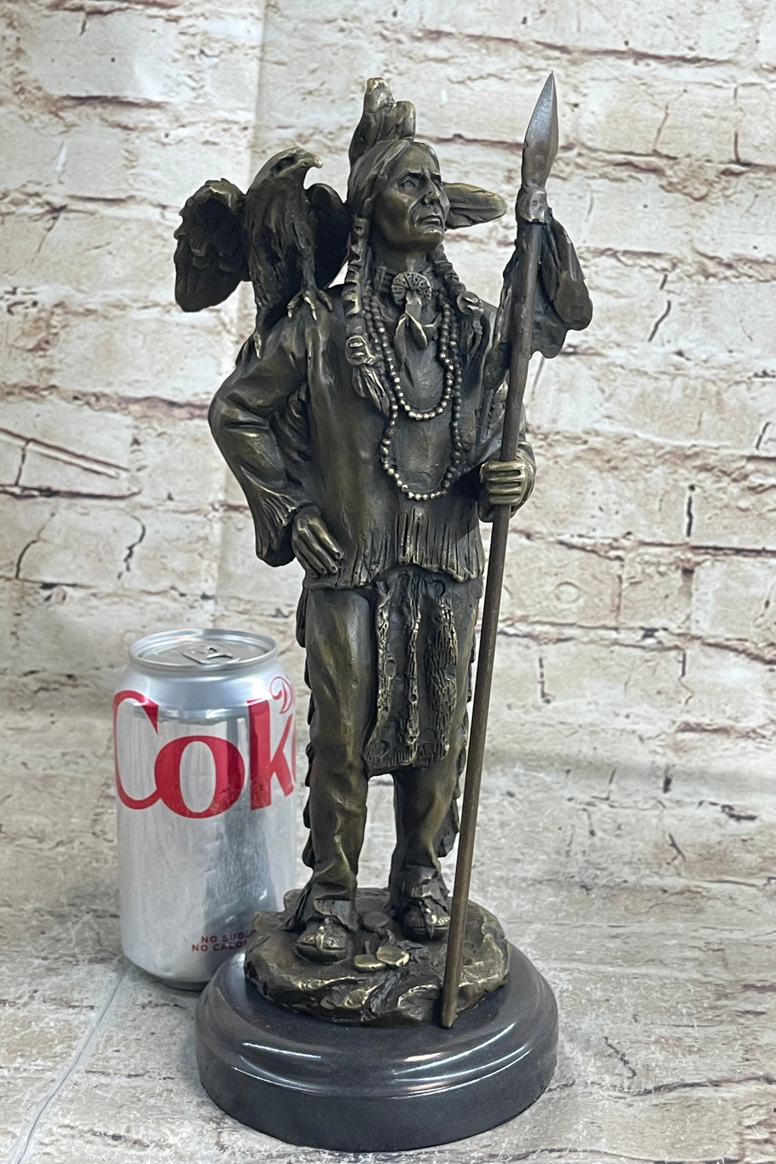 Native American Warrior and Eagle Sculpture M. Lopez Bronze