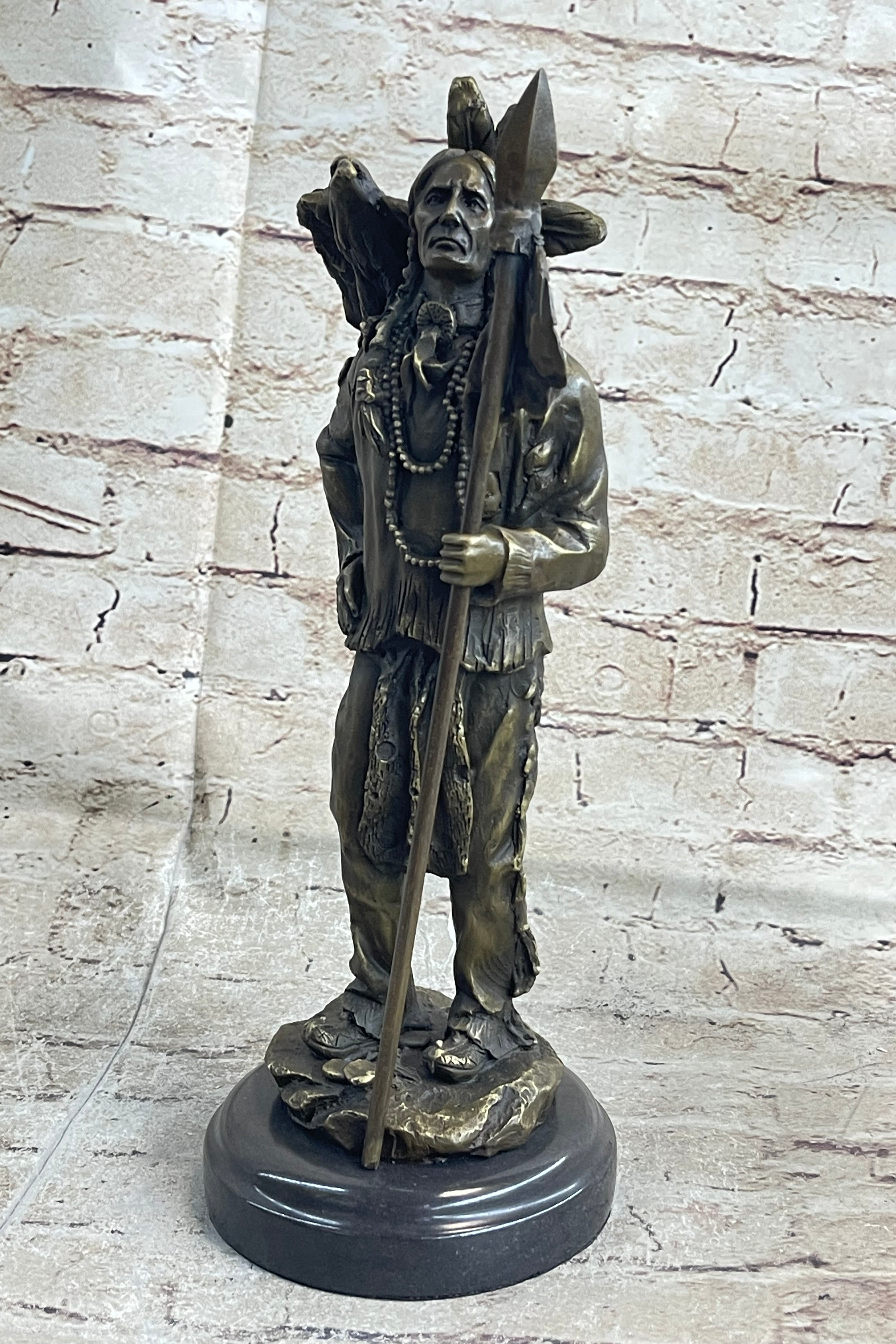 Native American Warrior and Eagle Sculpture M. Lopez Bronze
