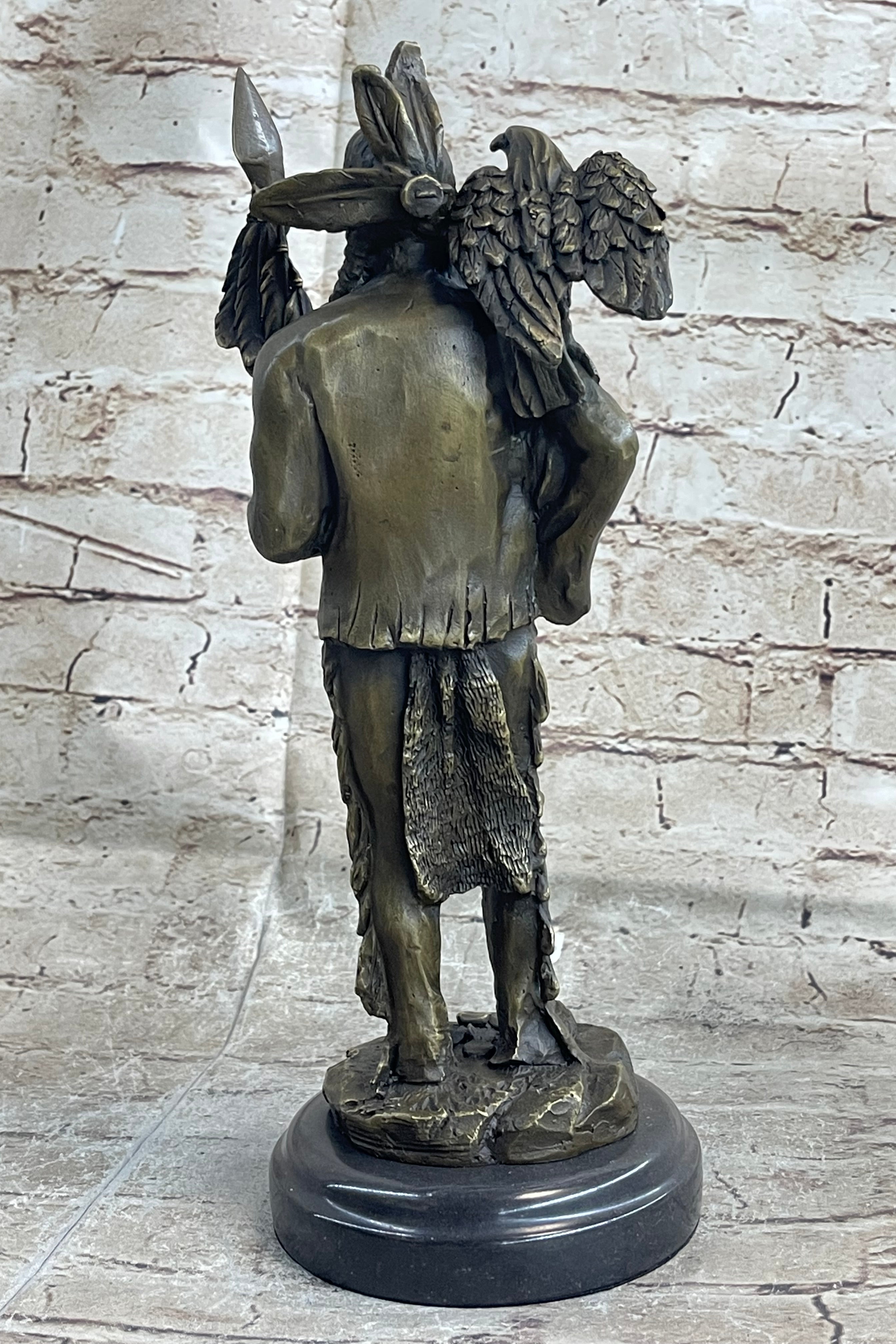 Native American Warrior and Eagle Sculpture M. Lopez Bronze
