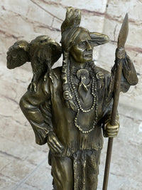 Native American Warrior and Eagle Sculpture M. Lopez Bronze