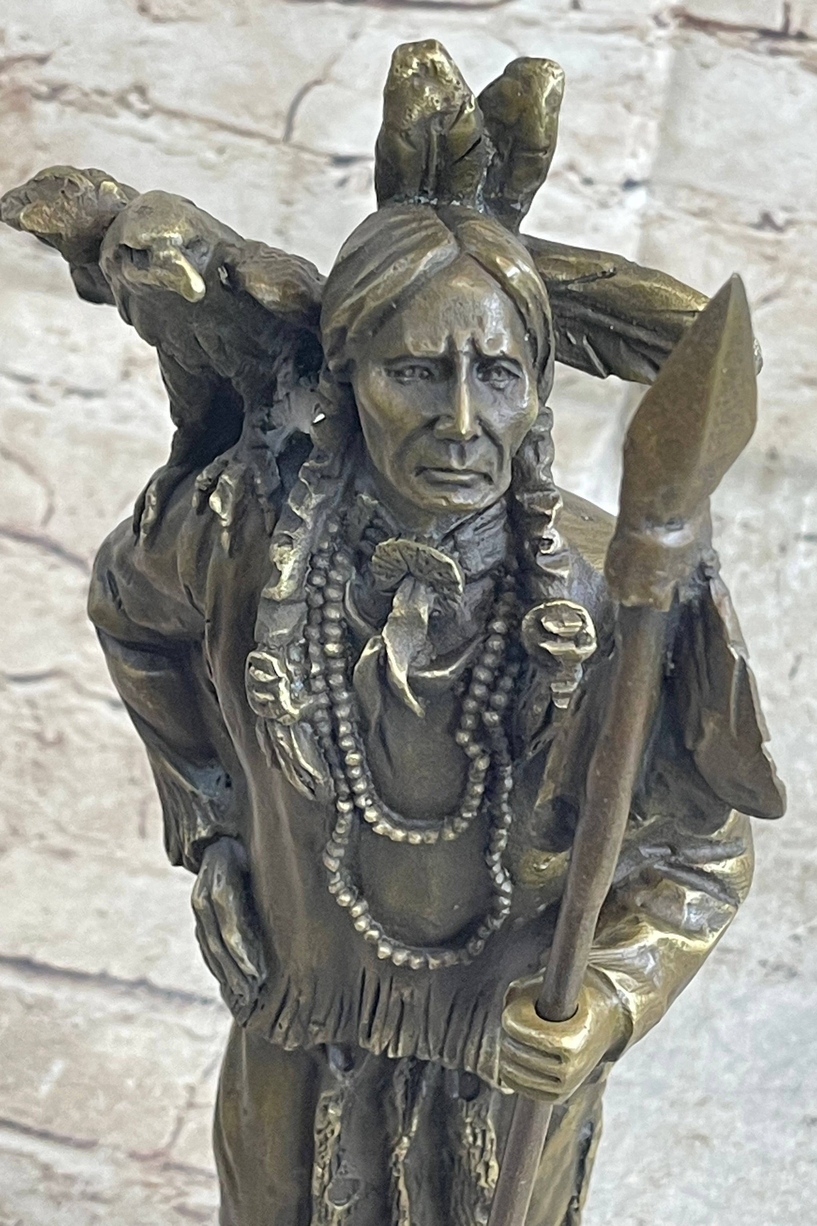 Native American Warrior and Eagle Sculpture M. Lopez Bronze