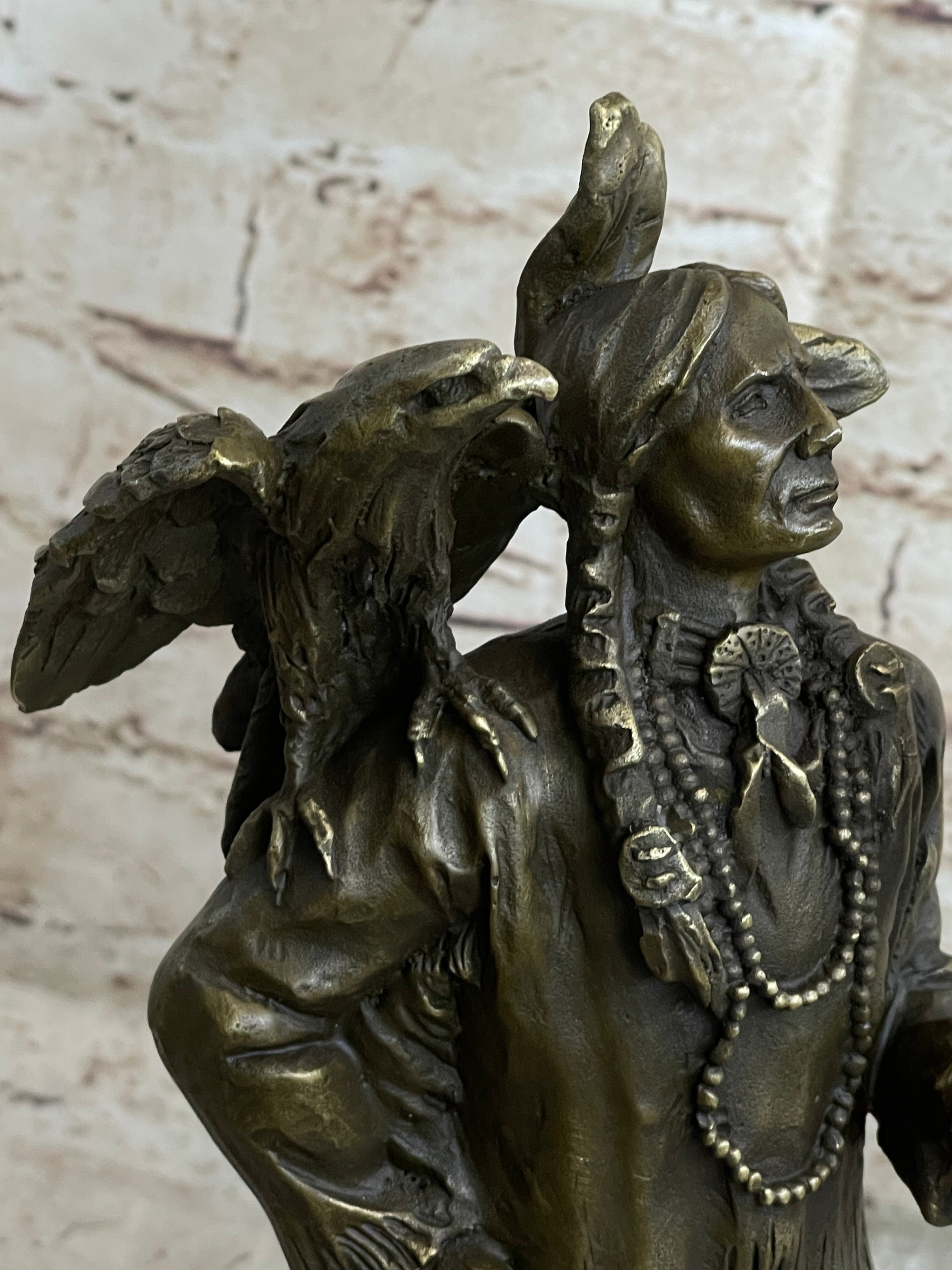 Native American Warrior and Eagle Sculpture M. Lopez Bronze