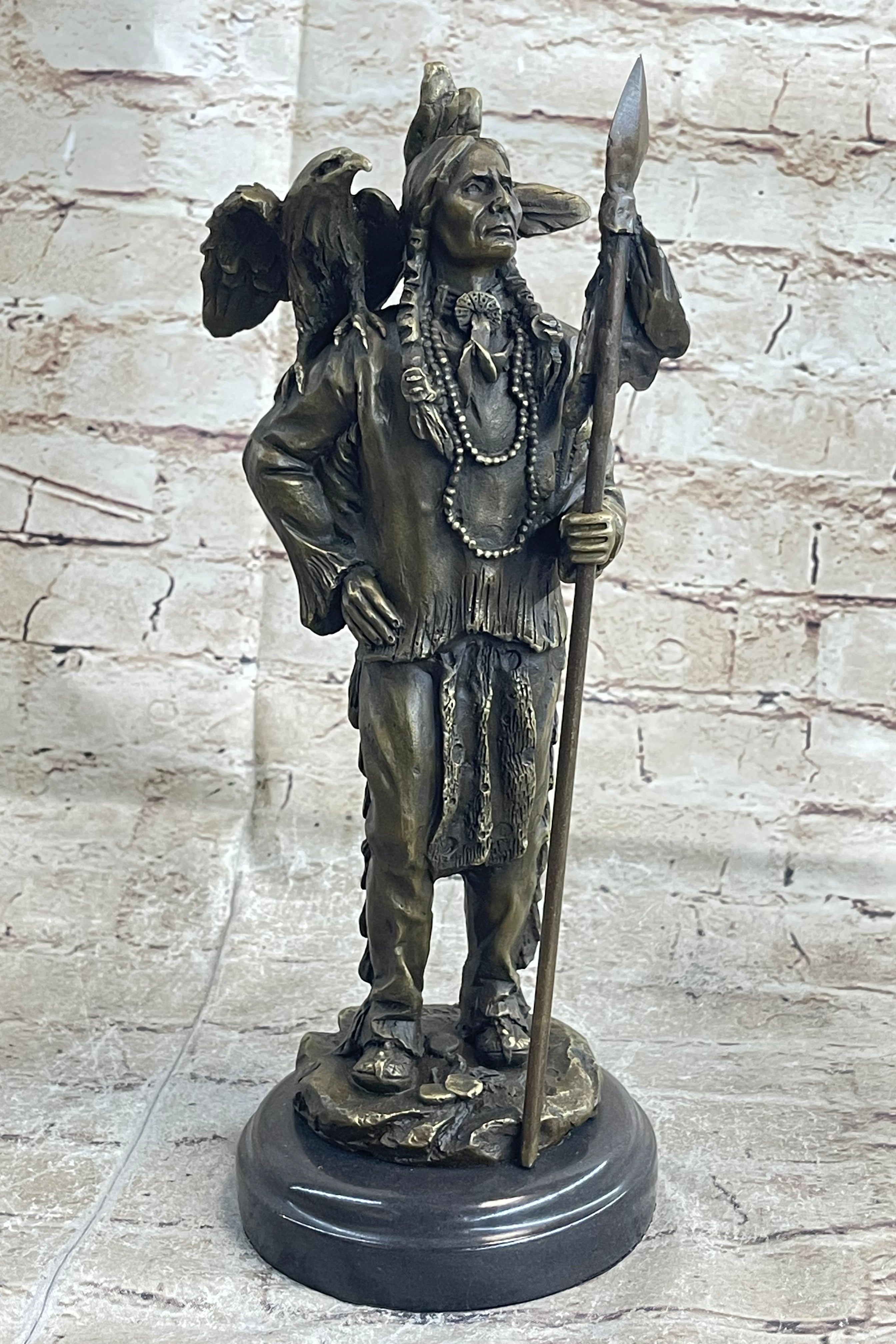 Native American Warrior and Eagle Sculpture M. Lopez Bronze