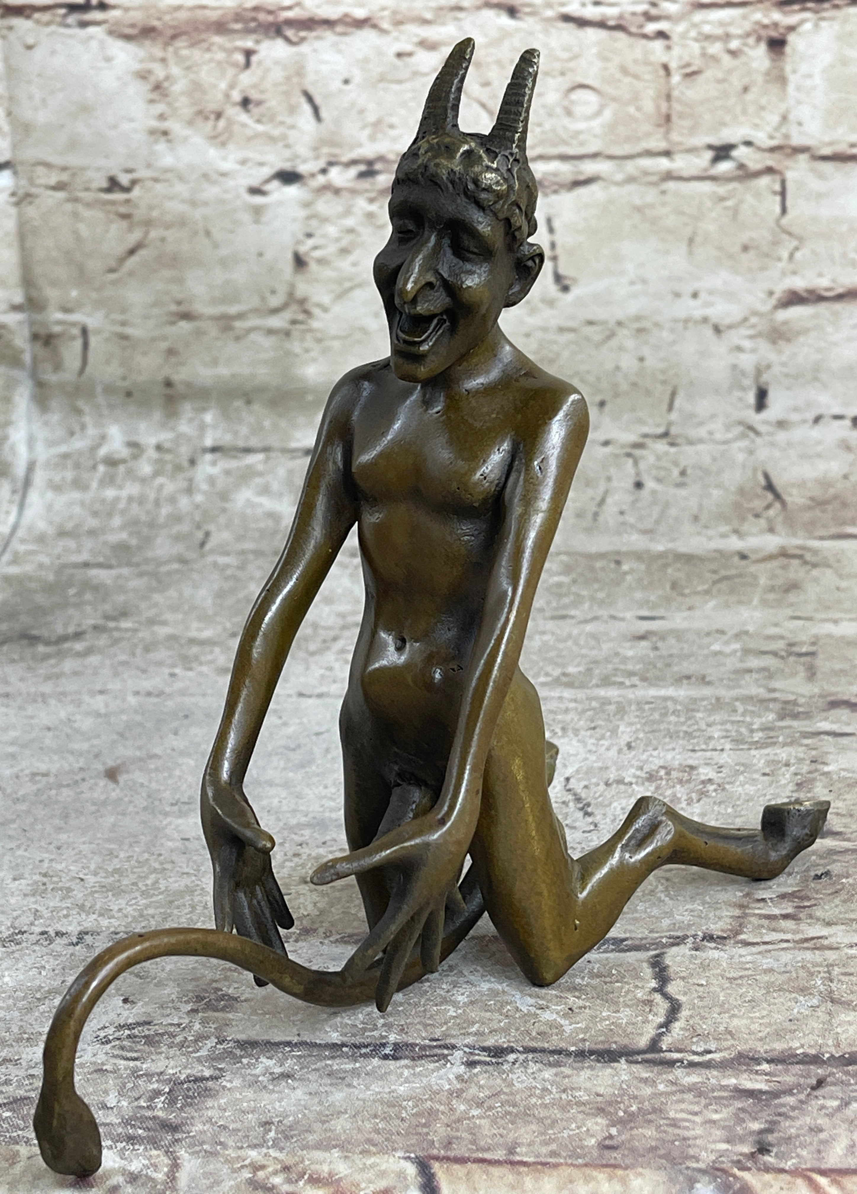 Greek Satyr Faun Demon Horny Devil Bronze Sculpture 7" x 6"