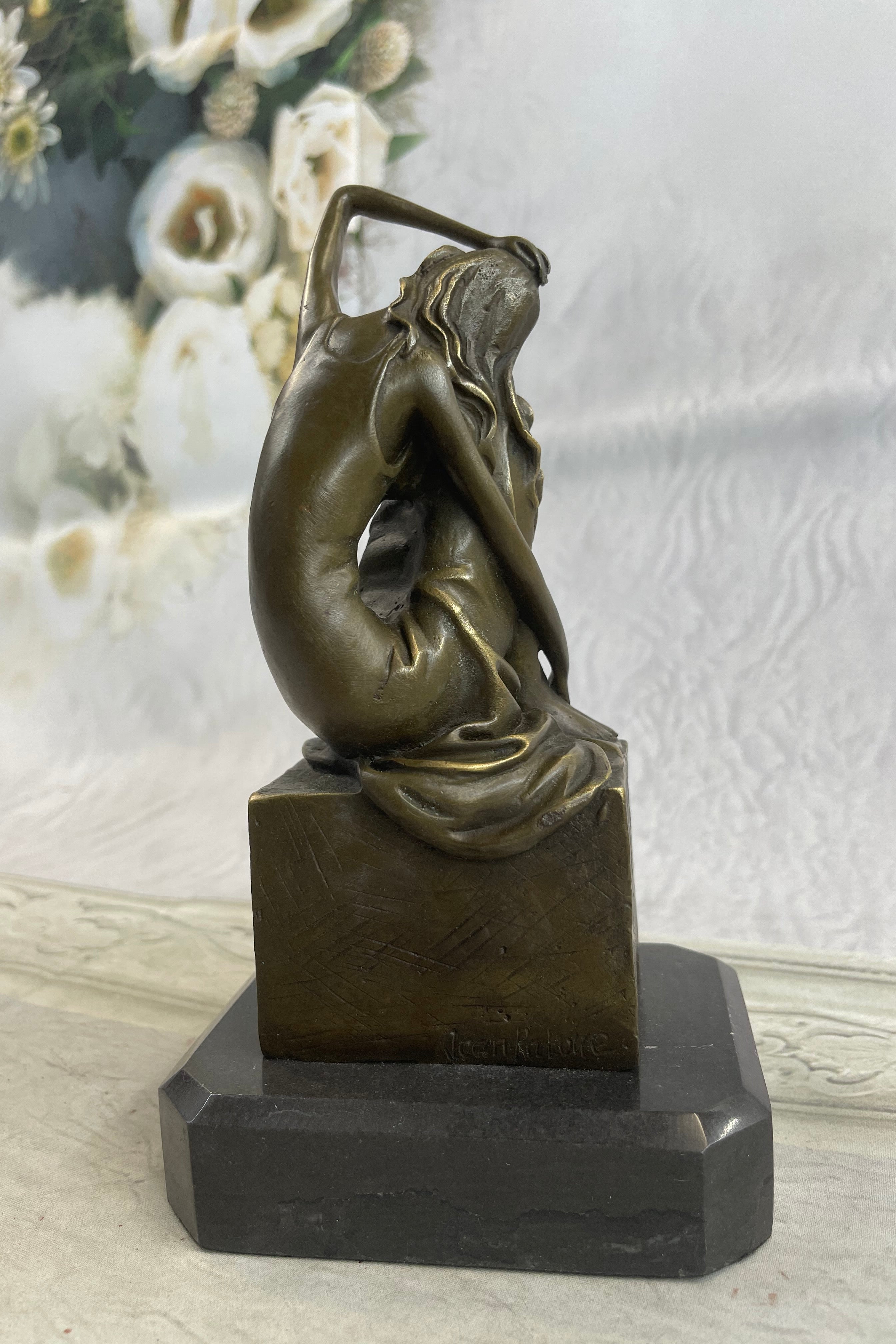 Signed Patoue Sitting Woman Bronze Sculpture