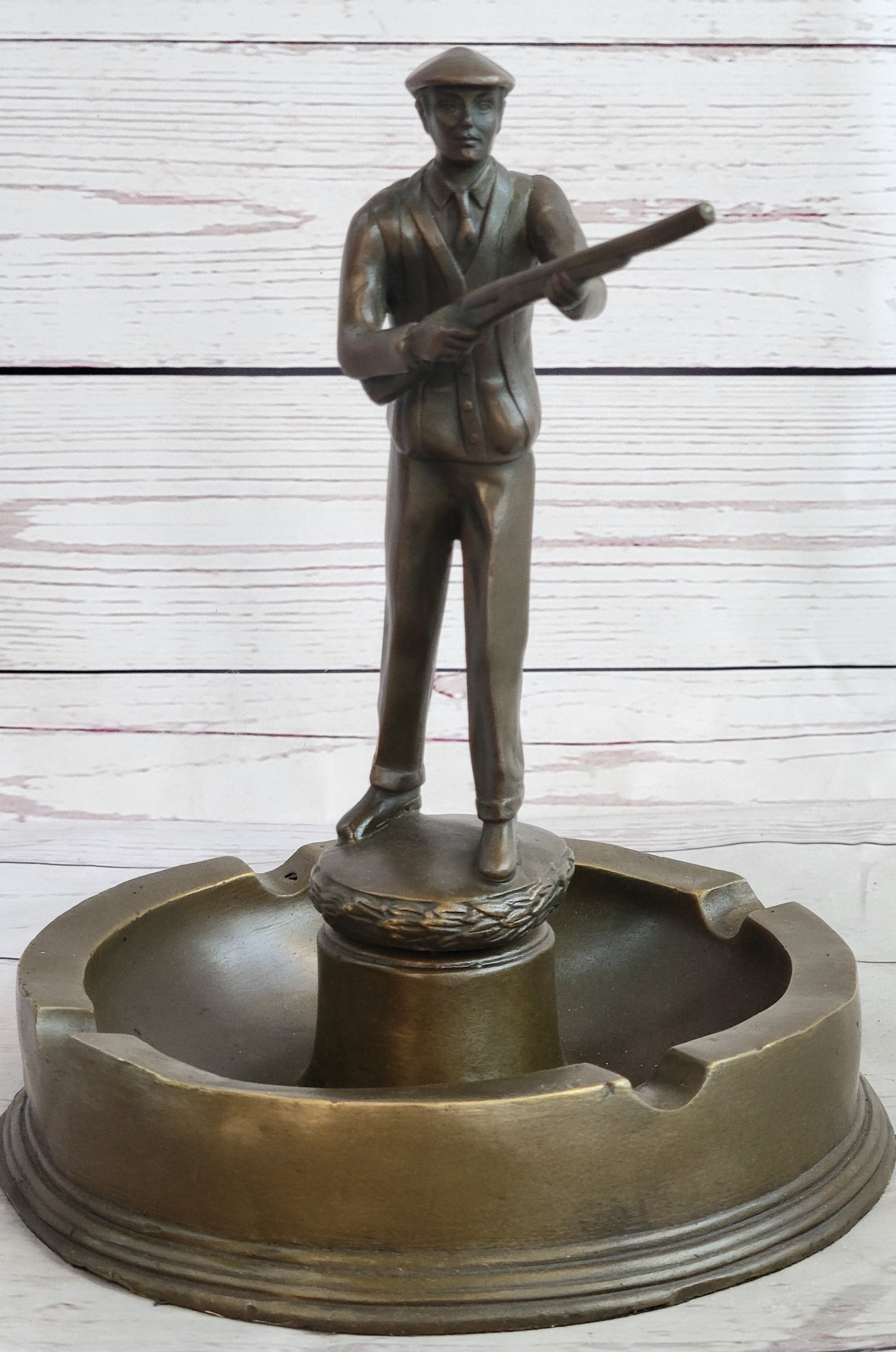 Hunter w/ Rifle Gun Ashtray Bronze Milo Art Sculpture 9" x 7"