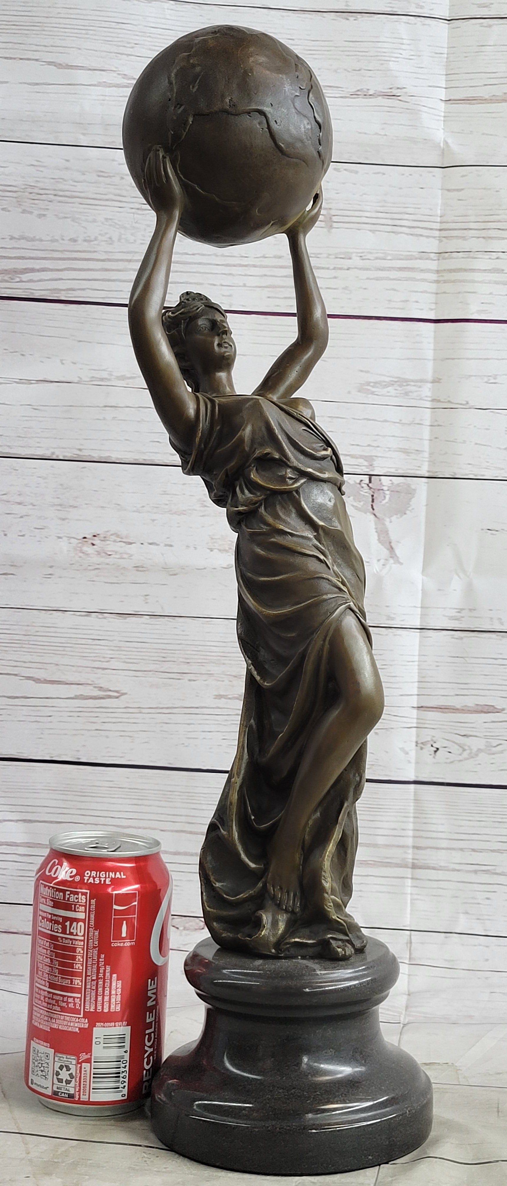 Semi Nude Female Atlas Holding the World Globe Bronze Sculpture