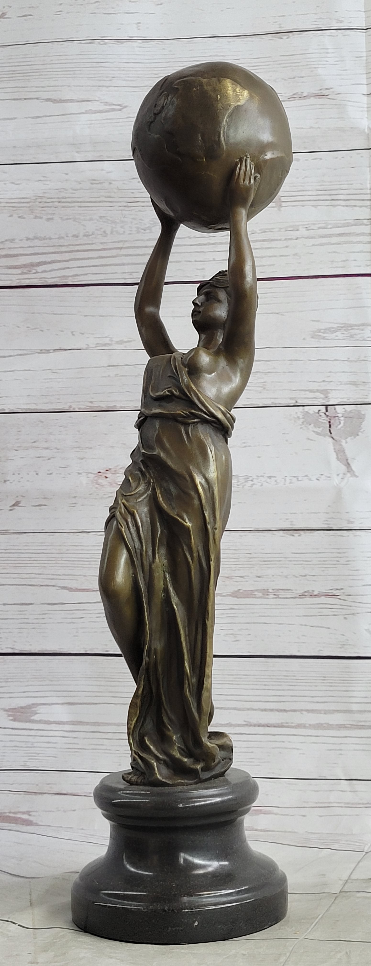 Semi Nude Female Atlas Holding the World Globe Bronze Sculpture