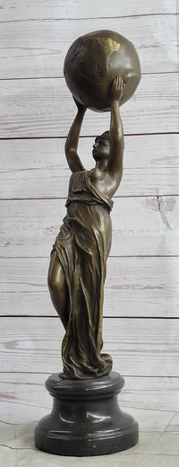 Semi Nude Female Atlas Holding the World Globe Bronze Sculpture