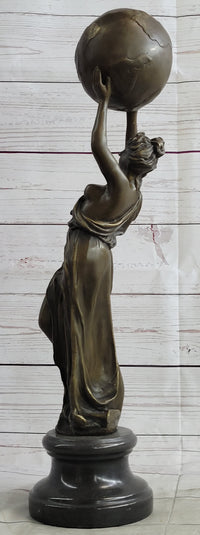 Semi Nude Female Atlas Holding the World Globe Bronze Sculpture