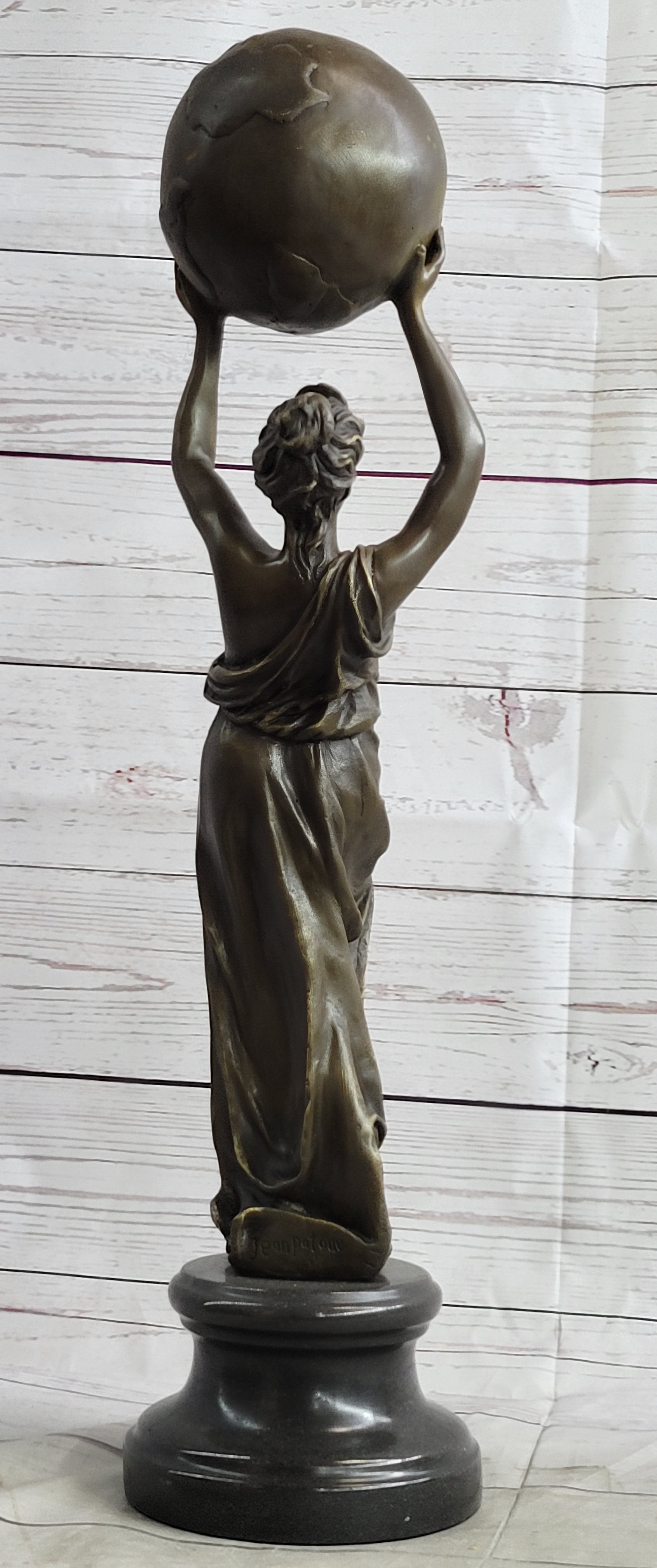 Semi Nude Female Atlas Holding the World Globe Bronze Sculpture