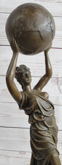 Semi Nude Female Atlas Holding the World Globe Bronze Sculpture