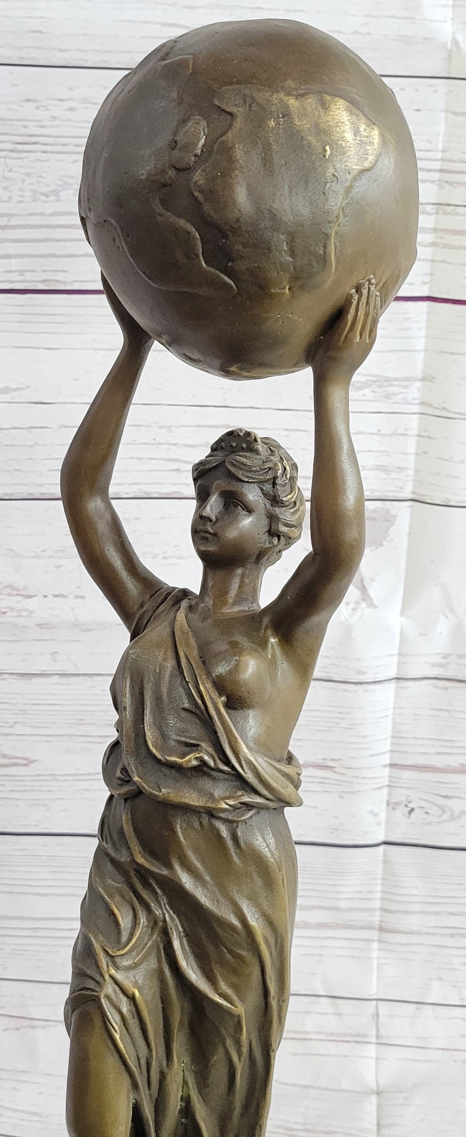 Semi Nude Female Atlas Holding the World Globe Bronze Sculpture