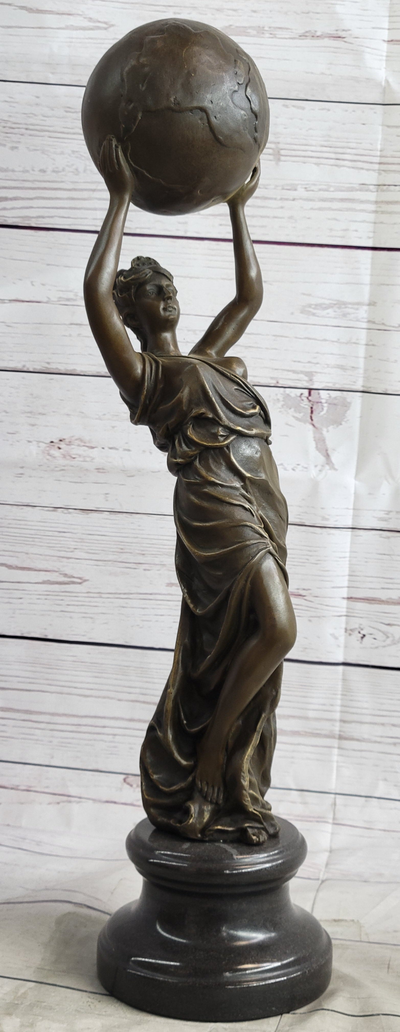 Semi Nude Female Atlas Holding the World Globe Bronze Sculpture