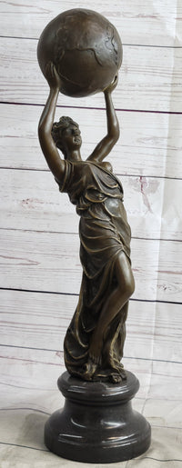 Semi Nude Female Atlas Holding the World Globe Bronze Sculpture