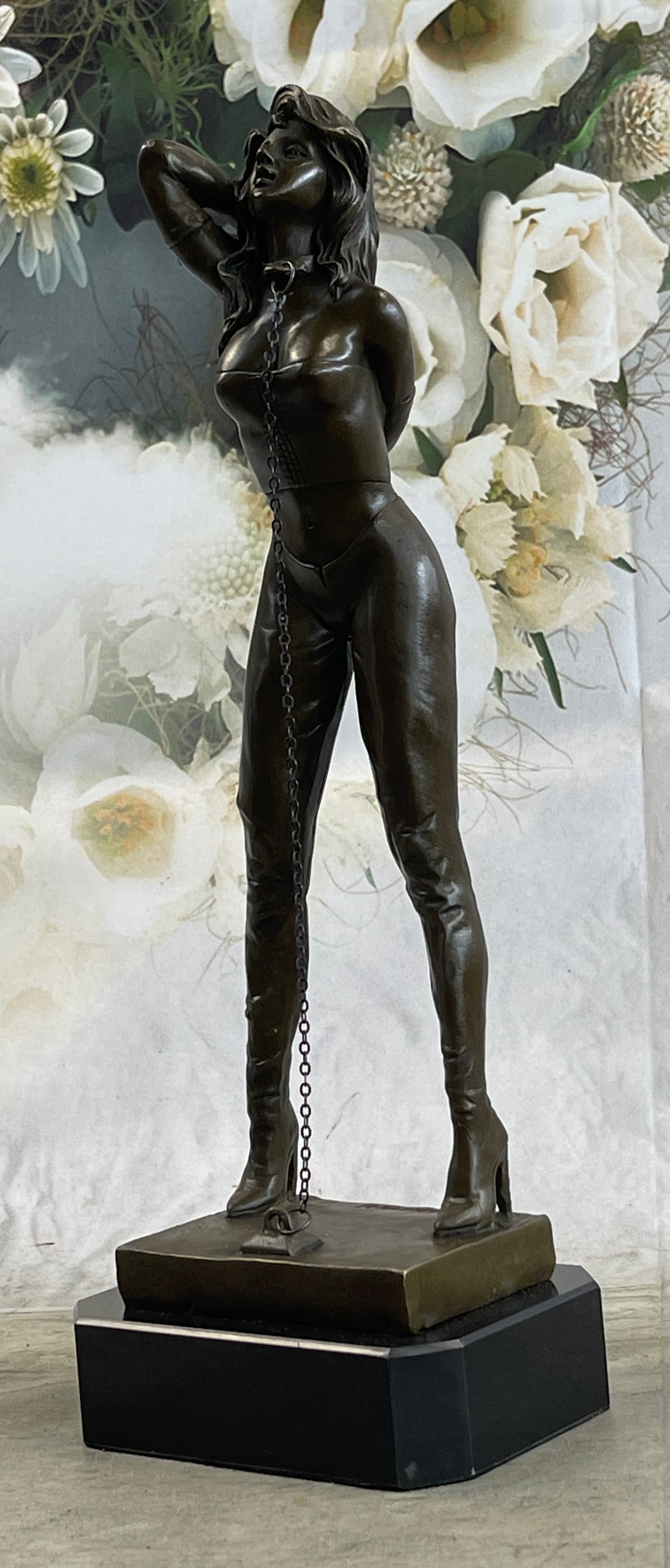 Erotic Bondage Bronze Sculpture Girl w/ Chain Choker Mavchi 13.5" x 5"