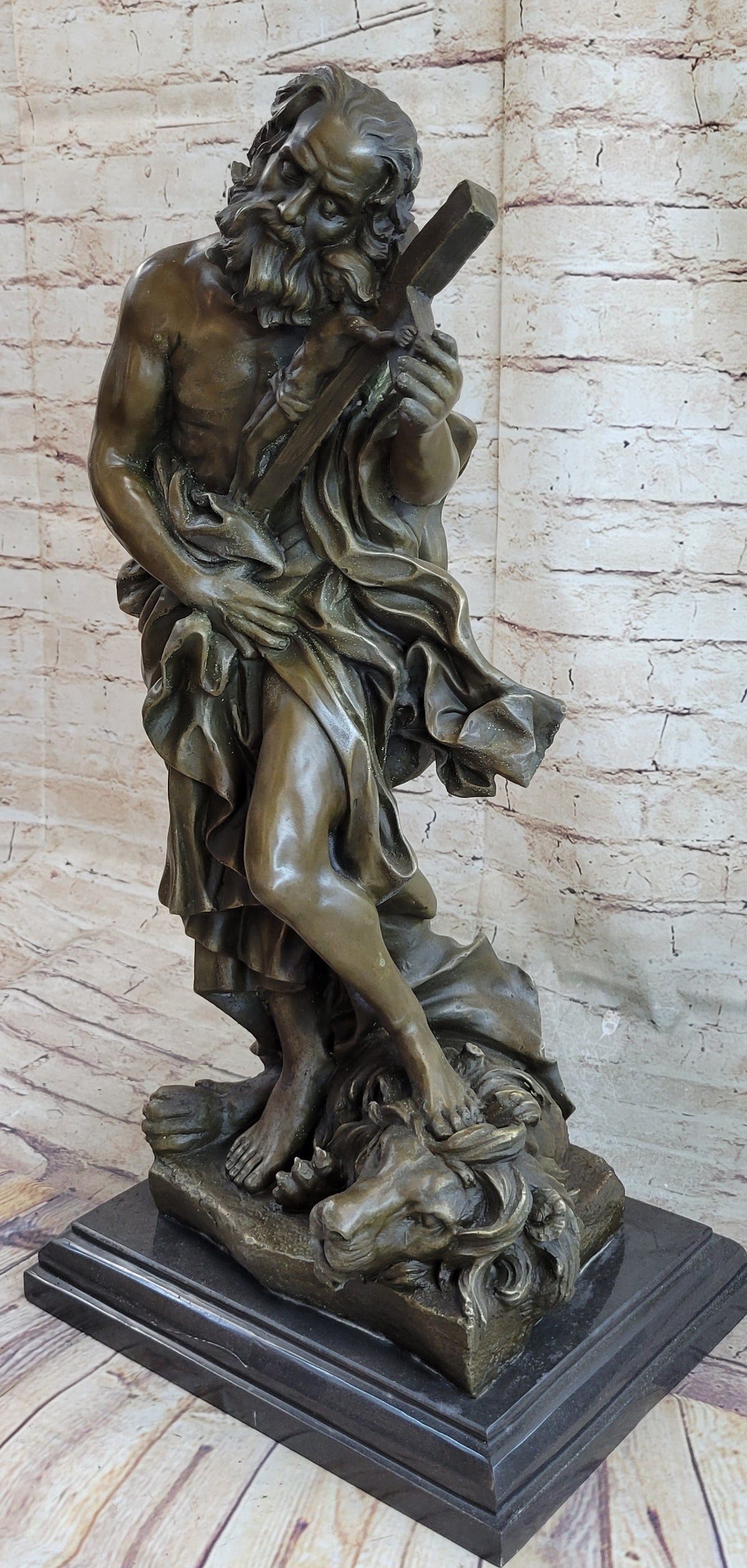 Saint Carrying Cross Bronze Sculpture 22" x 10"
