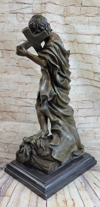 Saint Carrying Cross Bronze Sculpture 22" x 10"