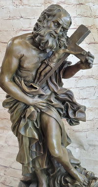 Saint Carrying Cross Bronze Sculpture 22" x 10"