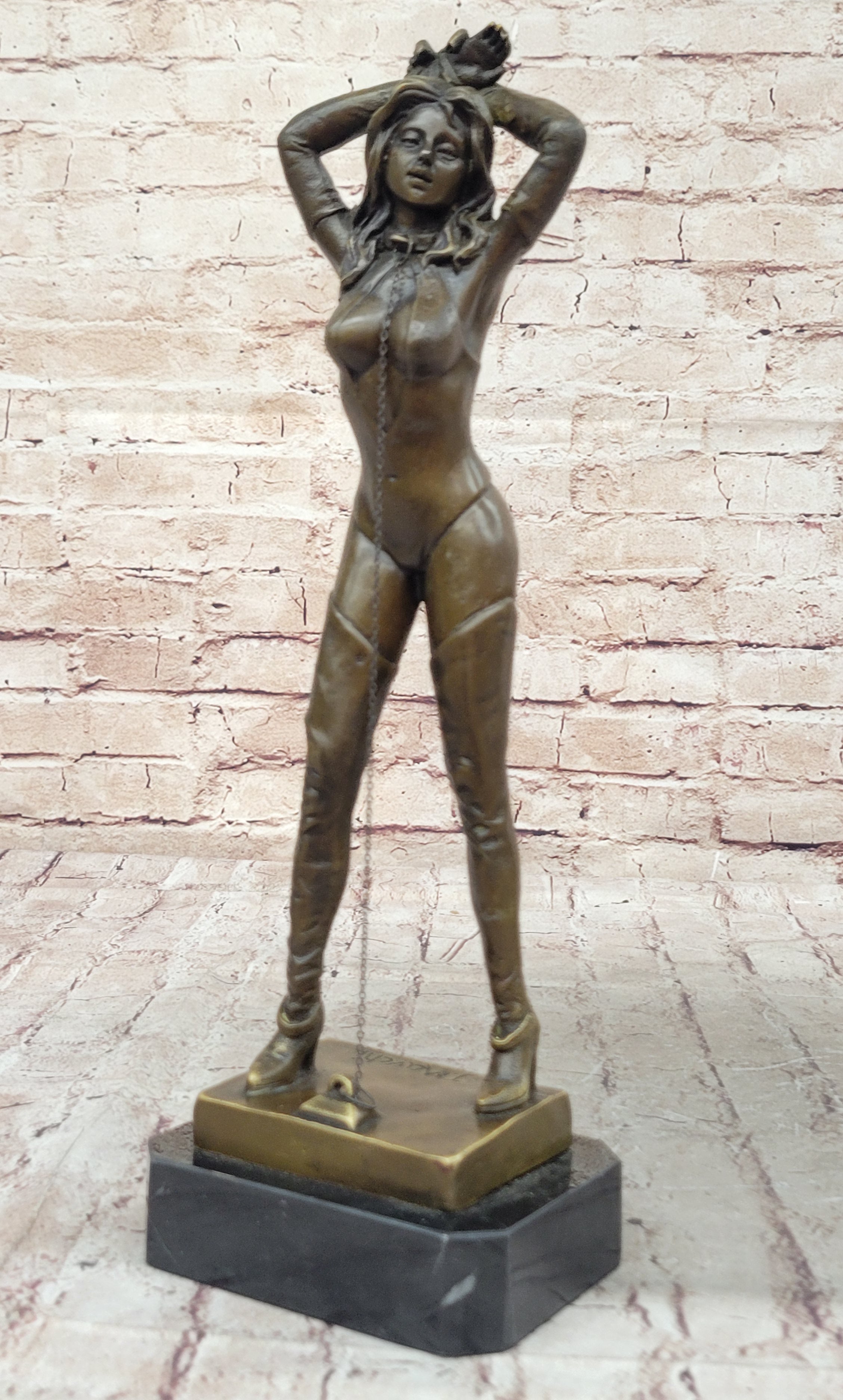 Sexy Chained Up Bondage Girl in High Boots - Bronze Metal Sculpture Figure by Preiss