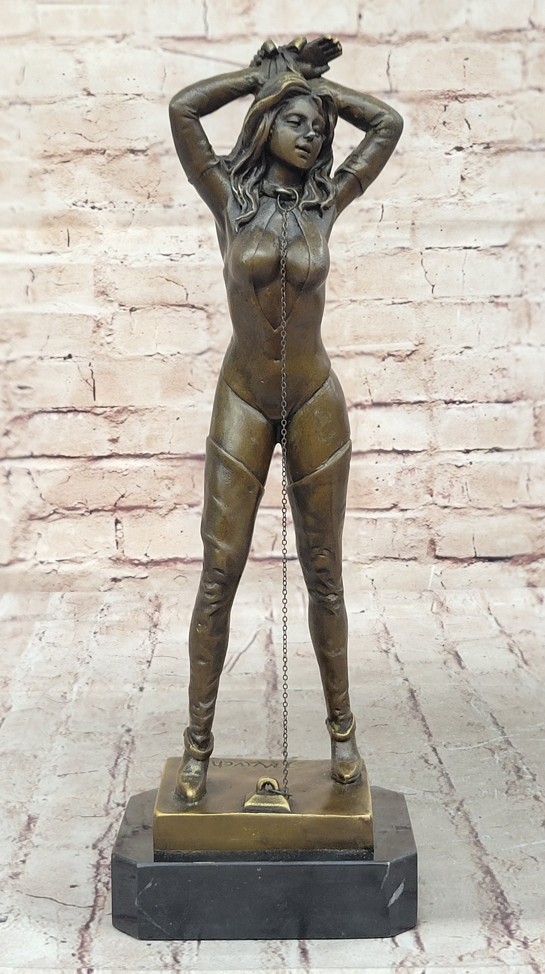Sexy Chained Up Bondage Girl in High Boots - Bronze Metal Sculpture Figure by Preiss