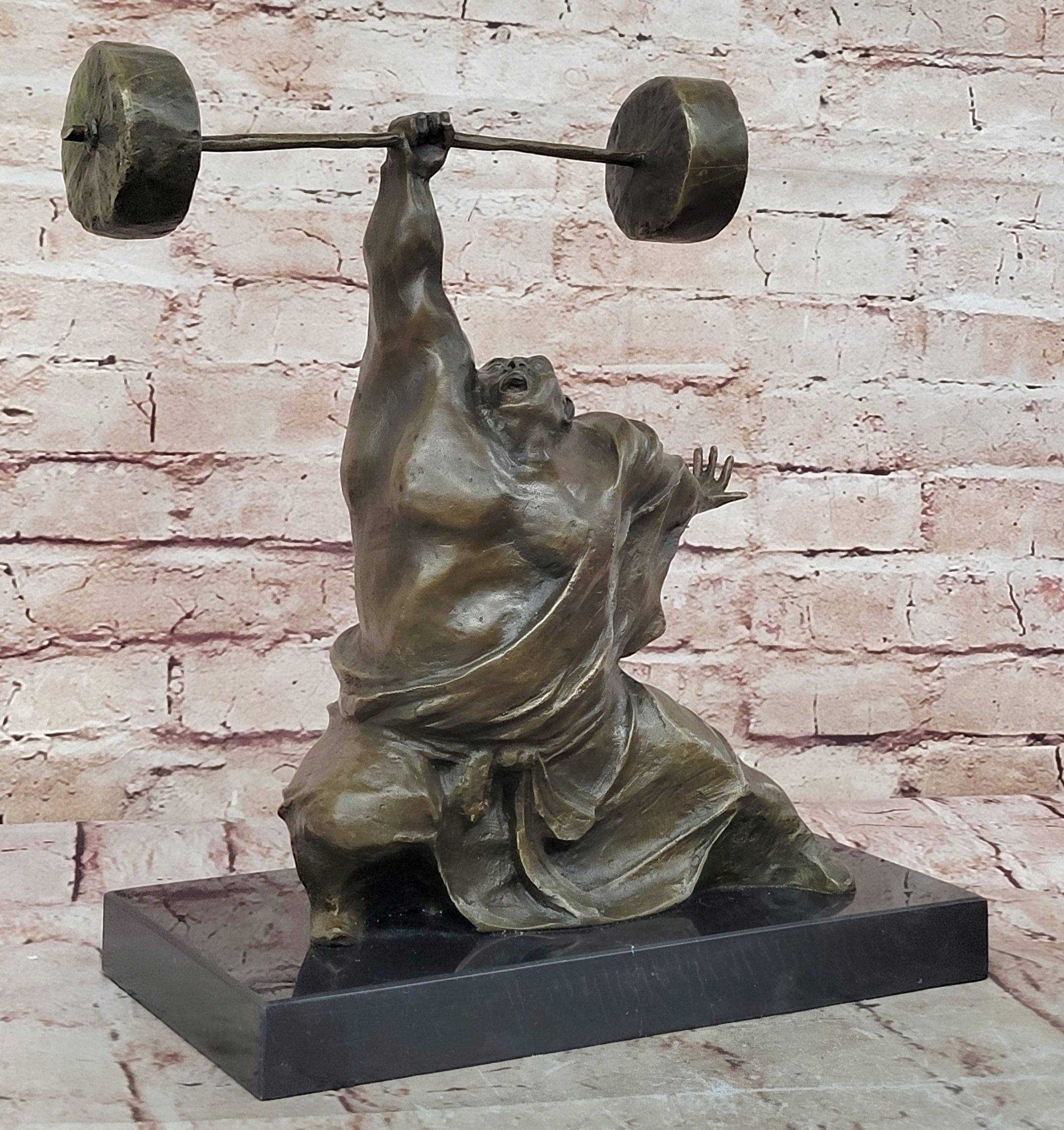 Bronze Muscular Weightlifting Man Statue Sport Sculpture Art Gorgeous Home Office Decor