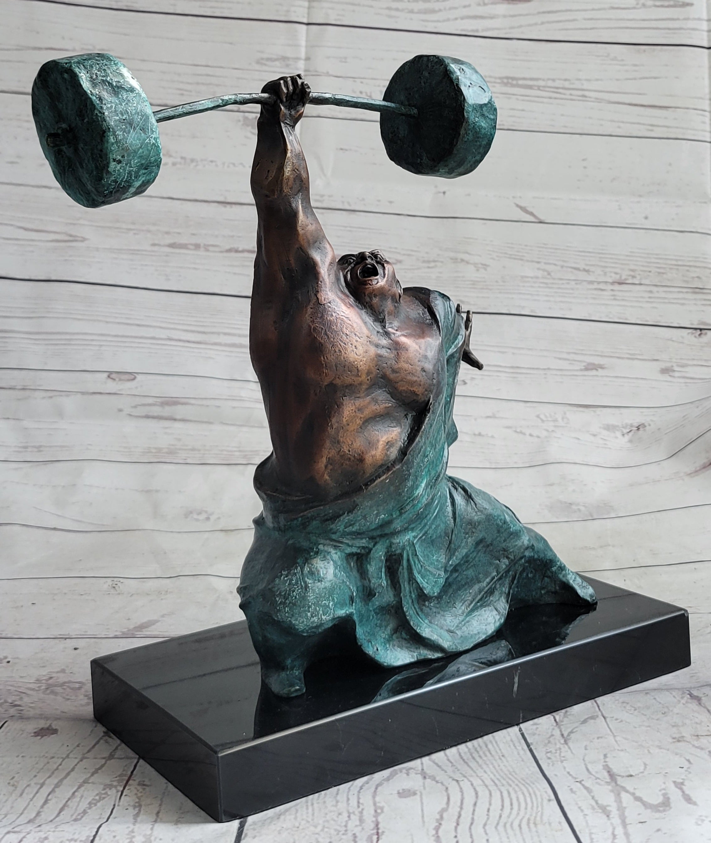 Powerlifter Weight Lifter Bodybuilder Bronze Sculpture on Marble Base
