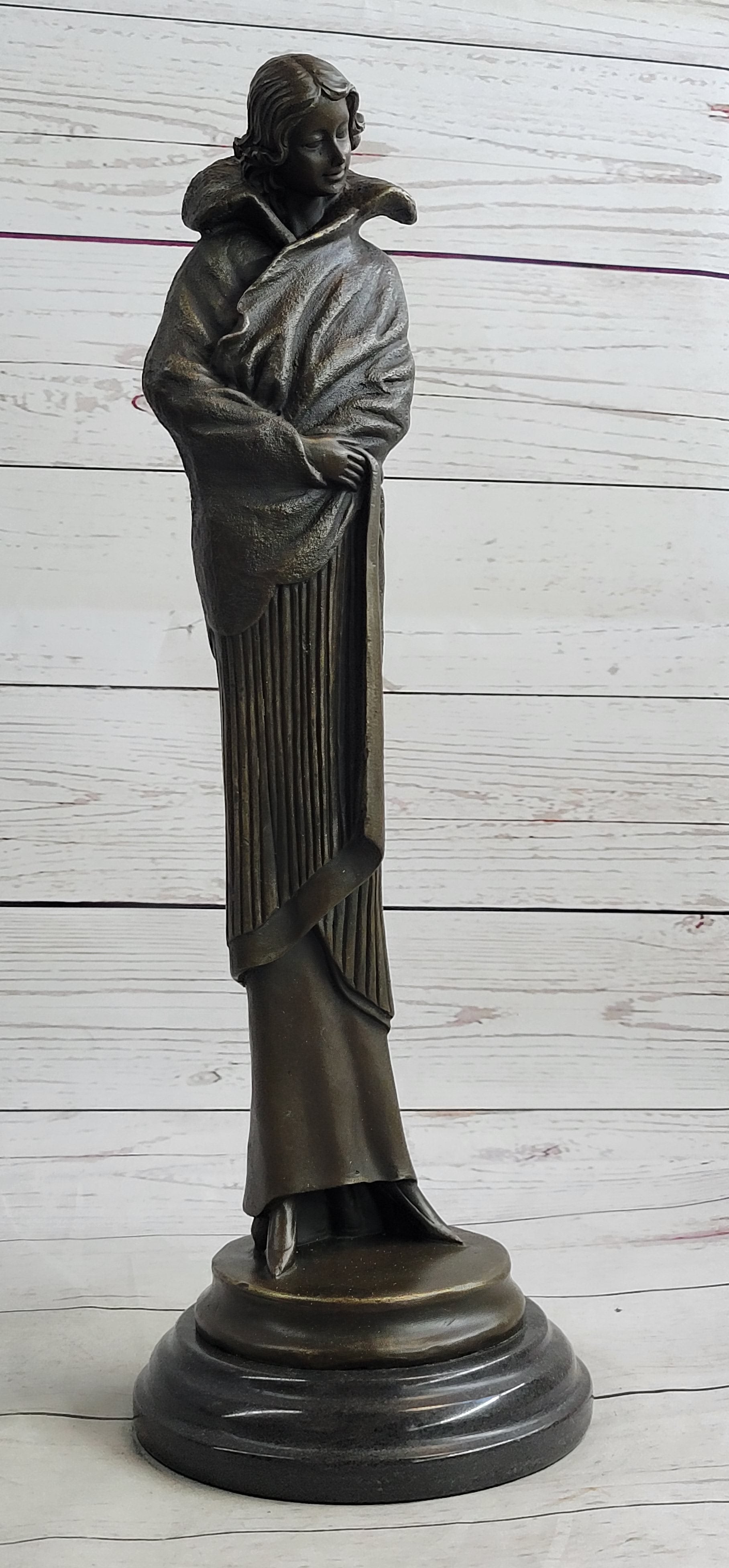 Art Deco Young Woman with Long Jacket Bronze Sculpture 16" x 5"