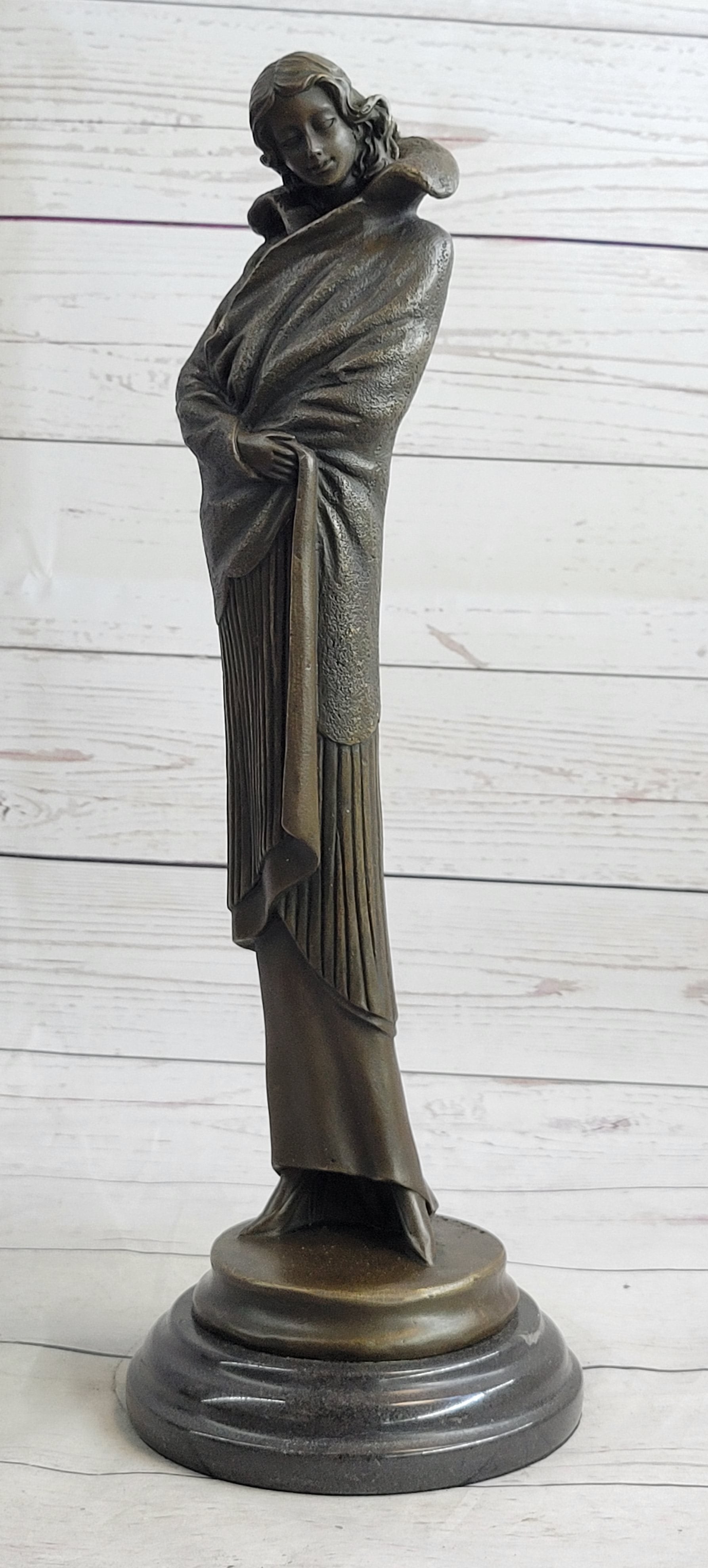 Art Deco Young Woman with Long Jacket Bronze Sculpture 16" x 5"
