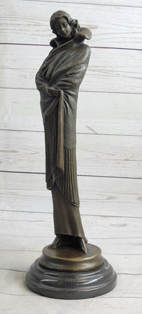 Art Deco Young Woman with Long Jacket Bronze Sculpture 16" x 5"