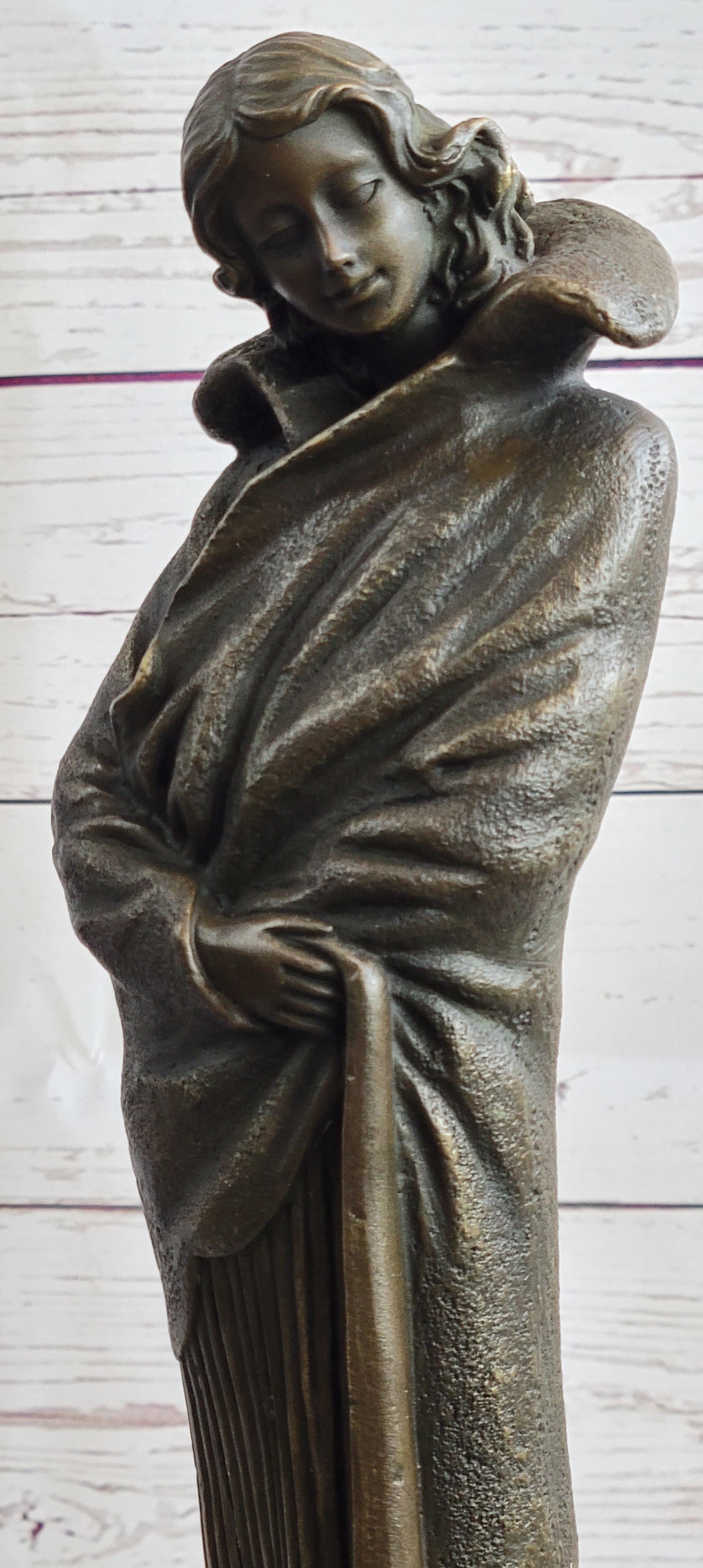 Art Deco Young Woman with Long Jacket Bronze Sculpture 16" x 5"