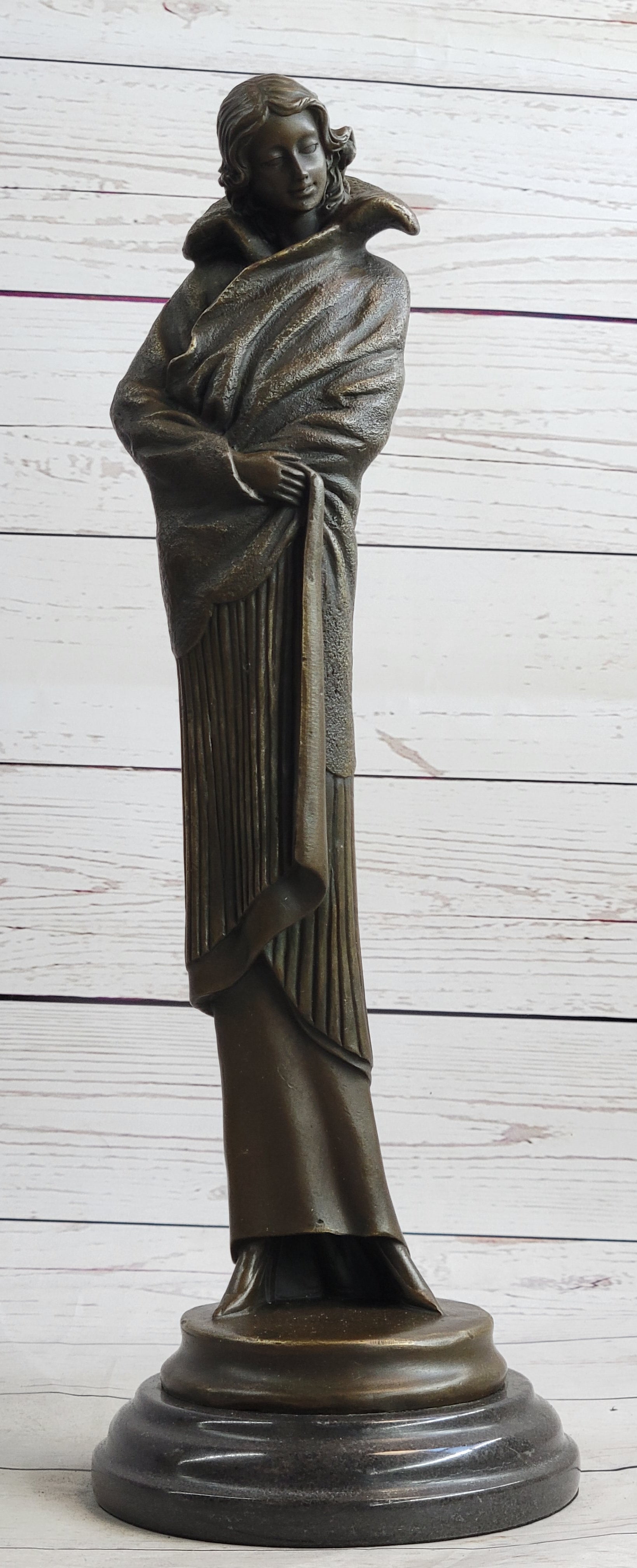 Art Deco Young Woman with Long Jacket Bronze Sculpture 16" x 5"