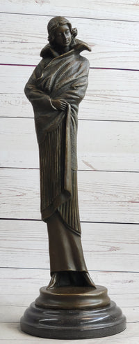 Art Deco Young Woman with Long Jacket Bronze Sculpture 16" x 5"