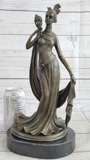 Masquerade Ball Art Deco Bronze Sculpture Holding Mask 14" x 7"