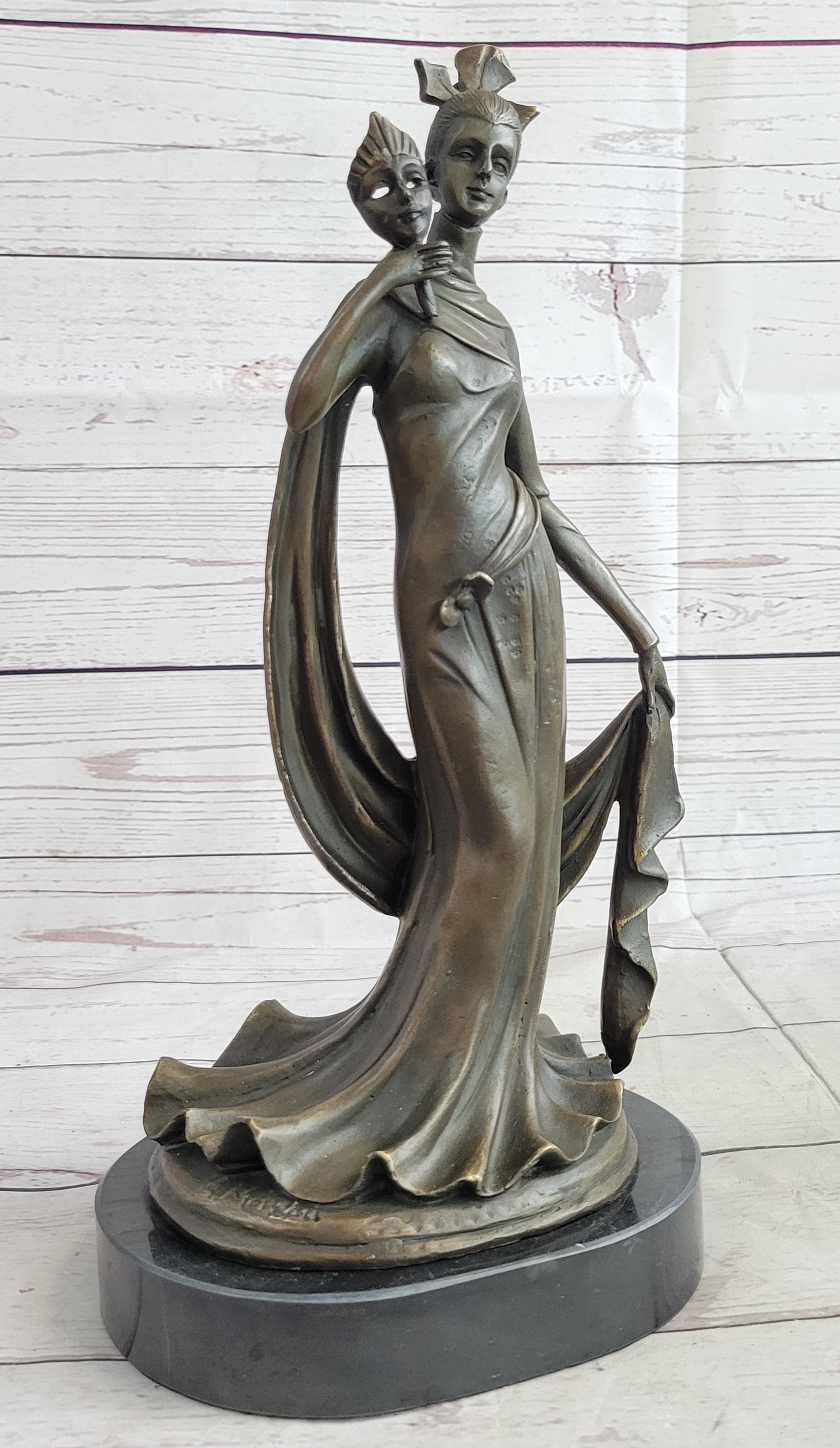 Masquerade Ball Art Deco Bronze Sculpture Holding Mask 14" x 7"