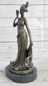 Masquerade Ball Art Deco Bronze Sculpture Holding Mask 14" x 7"