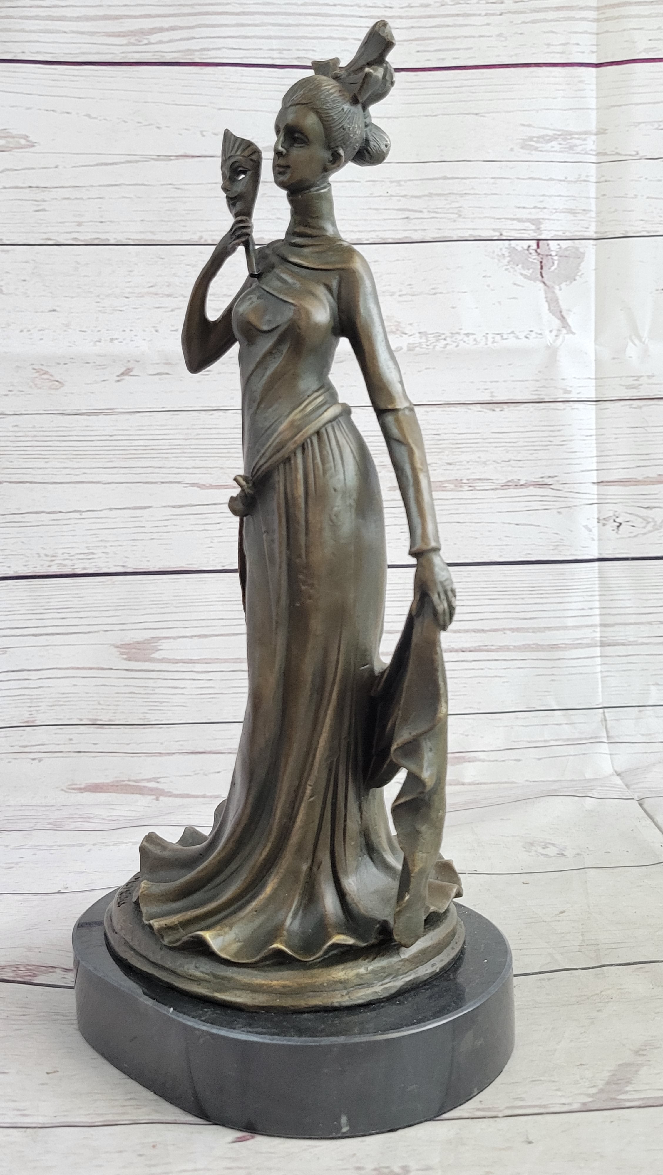 Masquerade Ball Art Deco Bronze Sculpture Holding Mask 14" x 7"