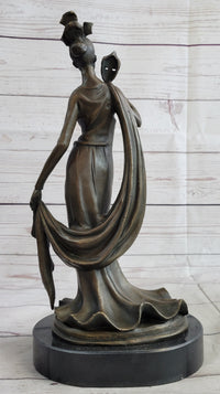 Masquerade Ball Art Deco Bronze Sculpture Holding Mask 14" x 7"