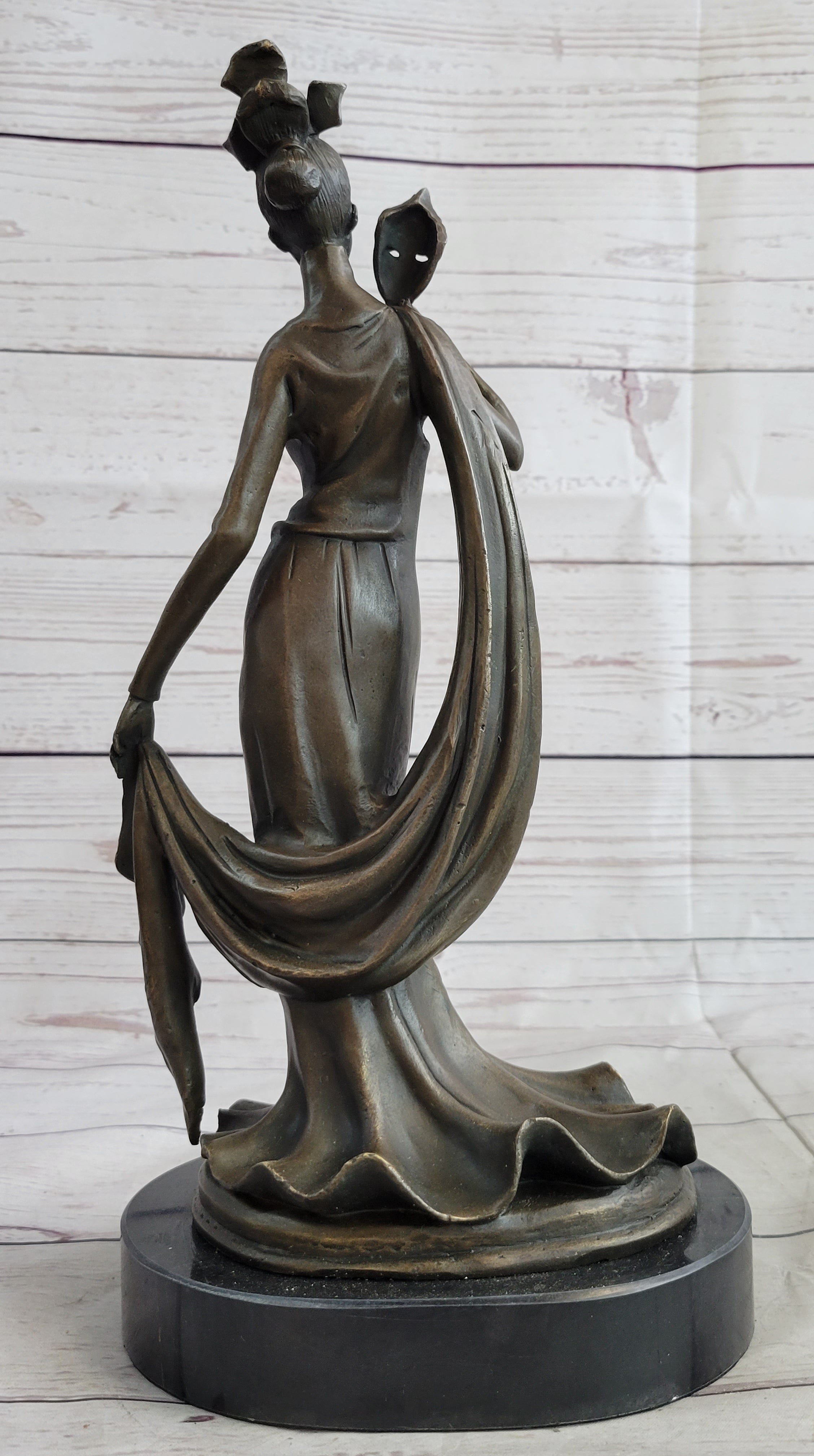 Masquerade Ball Art Deco Bronze Sculpture Holding Mask 14" x 7"