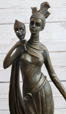 Masquerade Ball Art Deco Bronze Sculpture Holding Mask 14" x 7"