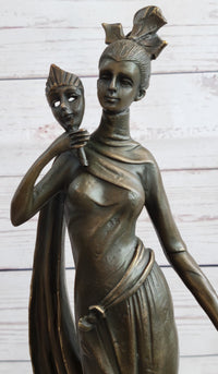 Masquerade Ball Art Deco Bronze Sculpture Holding Mask 14" x 7"