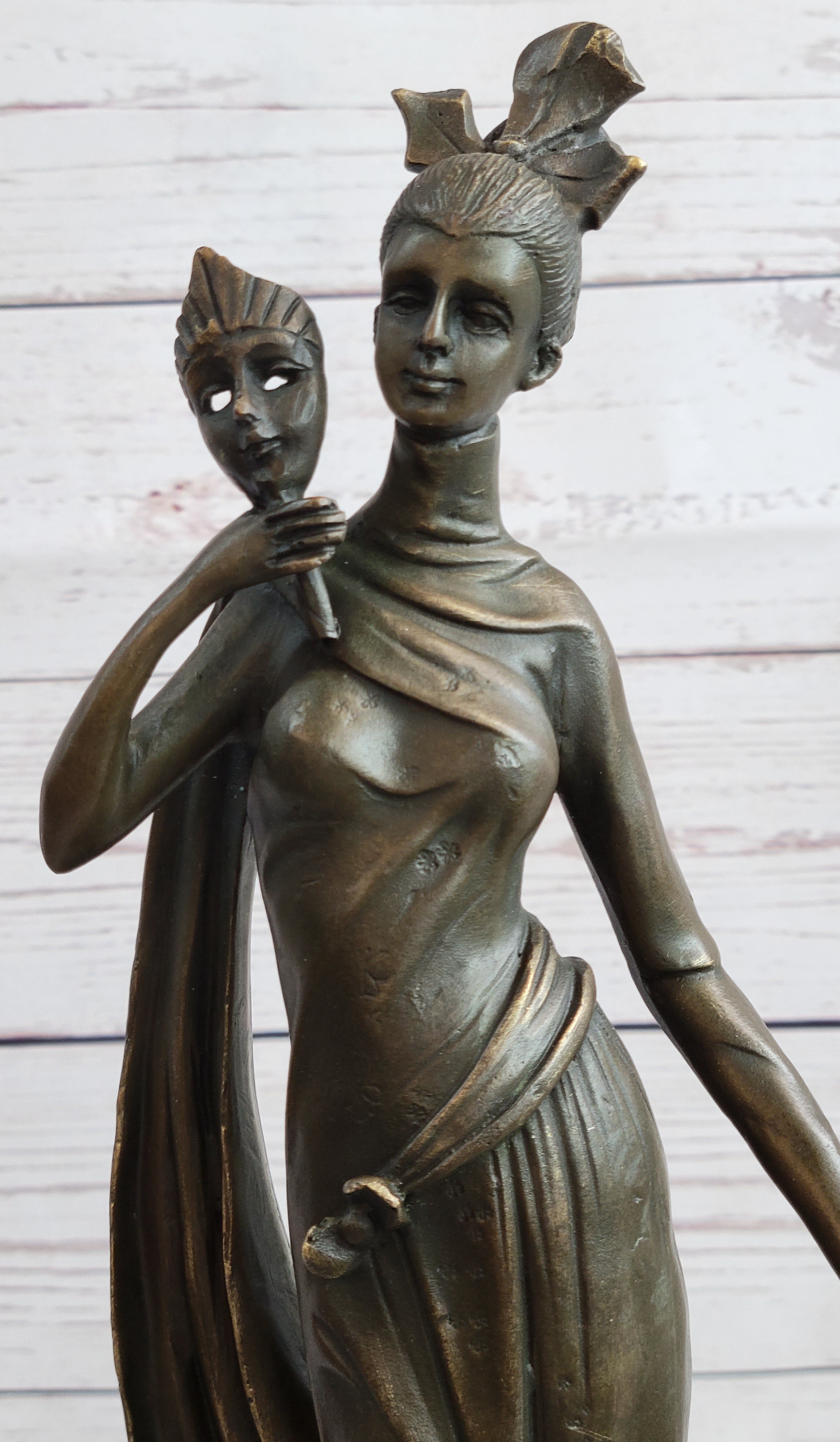 Masquerade Ball Art Deco Bronze Sculpture Holding Mask 14" x 7"
