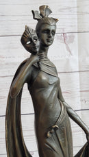 Masquerade Ball Art Deco Bronze Sculpture Holding Mask 14" x 7"