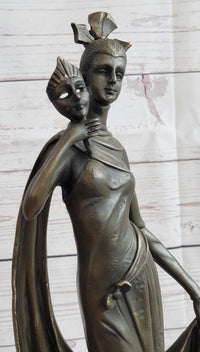 Masquerade Ball Art Deco Bronze Sculpture Holding Mask 14" x 7"