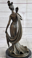 Masquerade Ball Art Deco Bronze Sculpture Holding Mask 14" x 7"
