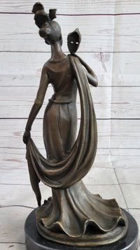 Masquerade Ball Art Deco Bronze Sculpture Holding Mask 14" x 7"