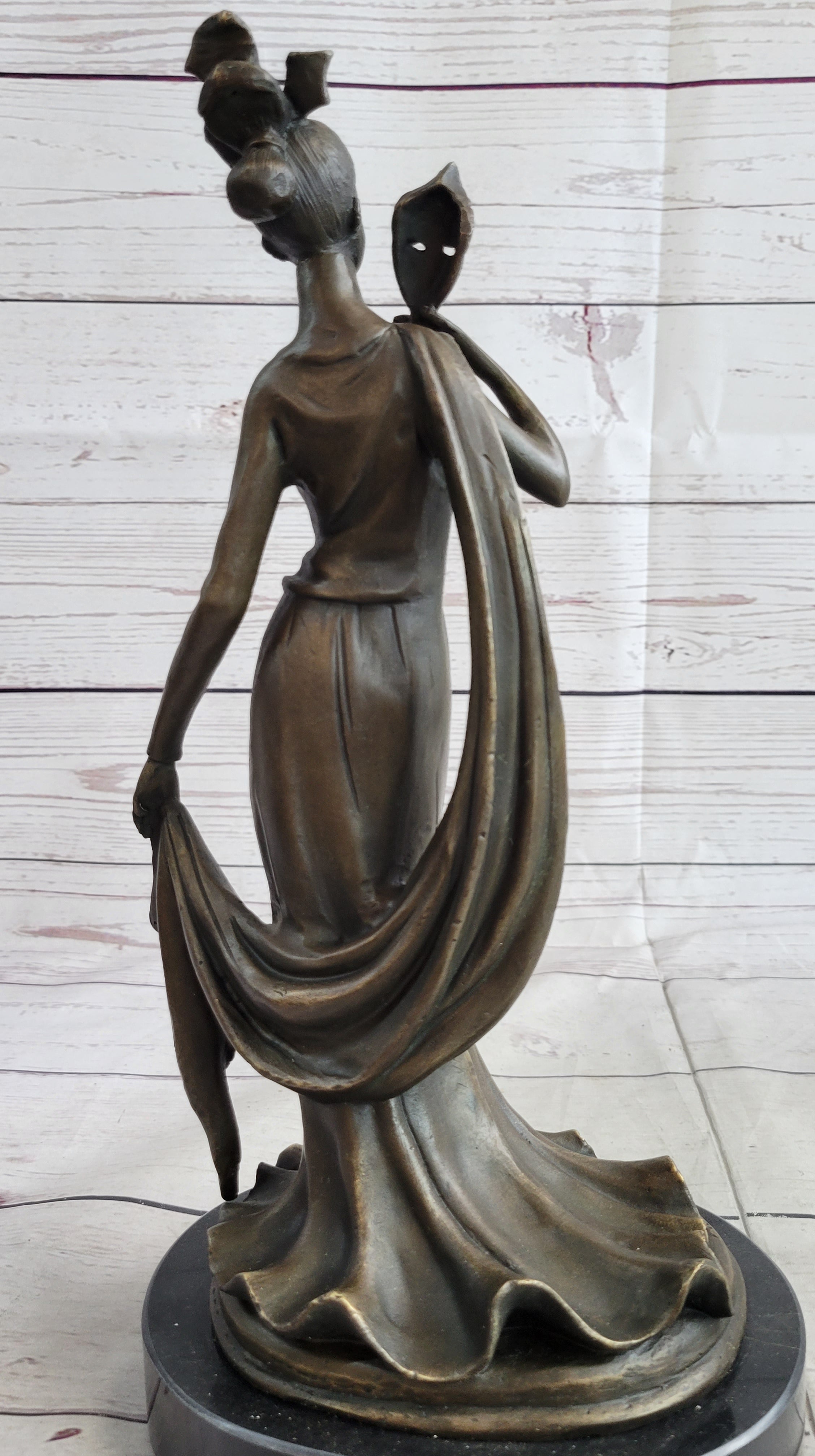 Masquerade Ball Art Deco Bronze Sculpture Holding Mask 14" x 7"