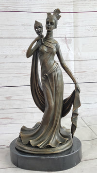 Masquerade Ball Art Deco Bronze Sculpture Holding Mask 14" x 7"